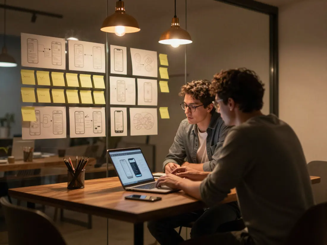 Sesión de planeación de una app con wireframes en la pared